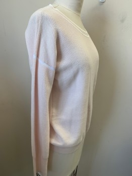 Womens, Pullover, BANANA REPUBLIC, Lt Pink, White, Wool, Rayon, Solid, L, Lt Pink with White Stripe Trim, Micro Honeycomb Like Textured Weave, Long Sleeves, Pullover, Bateau/Boat Neck,