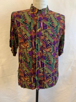 Mens, Club Shirt, CP, Purple, Black, Yellow, Rust Orange, Olive Green, Cotton, Geometric, Abstract , L, Collar Attached, Button Front, Short Sleeves, 1 Pocket *Second to Last Button Missing*