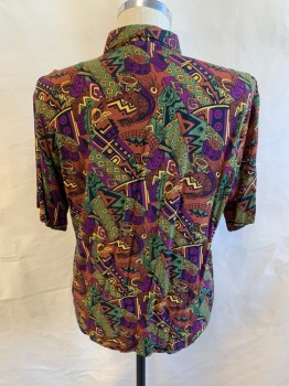Mens, Club Shirt, CP, Purple, Black, Yellow, Rust Orange, Olive Green, Cotton, Geometric, Abstract , L, Collar Attached, Button Front, Short Sleeves, 1 Pocket *Second to Last Button Missing*