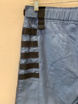 N/L, Blue, Cotton, Solid, Flip Side Pockets, Cargo Pockets , Pleated Detail , Black Elastic Straps , Velcro Straps . Black Elastic Waist Straps, Right Side Brass Zipper By Right Pocket.