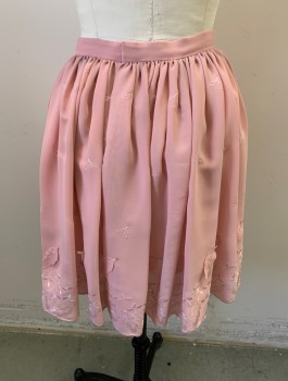 Womens, 1980s Vintage, Skirt, N/L, Lt Pink, Polyester, Solid, Floral, W24, 2 Hook & Eyes and Snap Closure on Back, Leaf Appliqués