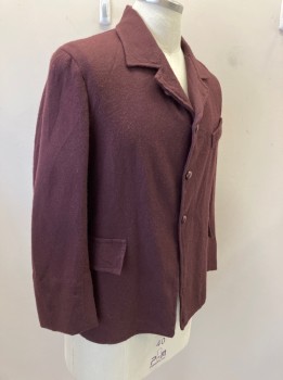 Mens, Jacket 1890s-1910s, NO LABEL, Red Burgundy, Wool, Solid, 40, Single Breasted, 3 Faux Pockets, Unlined, 3 Button Closure,