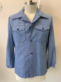 LEVI'S, Denim Blue, Poly/Cotton, Oxford Weave, Long Sleeves, Button Front, 4 Buttons, Patch Pockets, Button Cuffs, Side Vents,