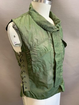 Unisex, Tactical Vest, Military, N/L, Olive Green, Nylon, Solid, L, 1980's Israeli Military, Velcro Closure at Front, Rounded Collar Attached, 2 Pockets with Flaps, Lace Up at Sides, Multiples, Distressed/Aged