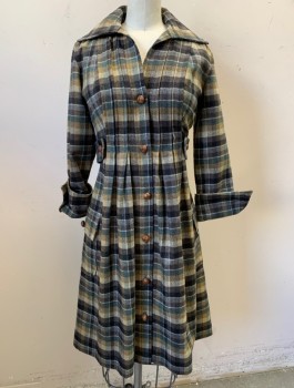 Womens, Coat, DVF, Brown, Forest Green, Gray, Tan Brown, Wool, Nylon, Check , Sz.0, 6 Brown Leather Knotted Buttons, Collar Attached, Self Belt Attached with Buttons to Waist, Vertical Pintucks and Pleats at Front, Knee Length, 2 Hip Pockets, Folded Cuffs, Designer/High End, a La Retro
