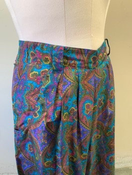 Womens, 1990s Vintage, Piece 2, CASUAL CORNER, Multi-color, Purple, Turquoise Blue, Ochre Brown-Yellow, Olive Green, Silk, Paisley/Swirls, W:30, SHORTS, High Rise with Double Pleats at Waist, Thick Belt Loops, Invisible Zipper at Side, Elastic Waist in Back, 8" Inseam,
