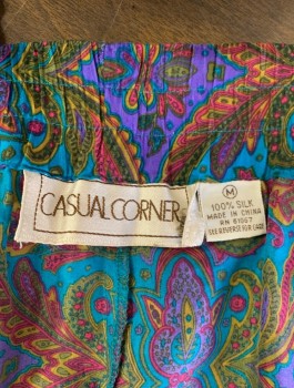 Womens, 1990s Vintage, Piece 2, CASUAL CORNER, Multi-color, Purple, Turquoise Blue, Ochre Brown-Yellow, Olive Green, Silk, Paisley/Swirls, W:30, SHORTS, High Rise with Double Pleats at Waist, Thick Belt Loops, Invisible Zipper at Side, Elastic Waist in Back, 8" Inseam,