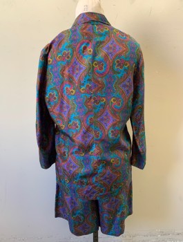 Womens, 1990s Vintage, Suit, Jacket, CASUAL CORNER, Multi-color, Purple, Turquoise Blue, Ochre Brown-Yellow, Olive Green, Silk, Paisley/Swirls, B36-40, M, Single Breasted, Notched Lapel, 2 Buttons, 2 Patch Pockets, No Lining,