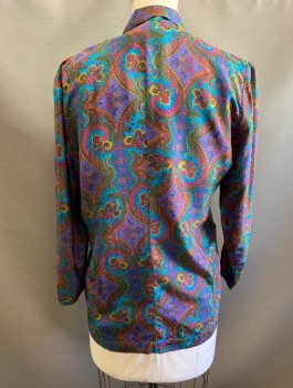 Womens, 1990s Vintage, Suit, Jacket, CASUAL CORNER, Multi-color, Purple, Turquoise Blue, Ochre Brown-Yellow, Olive Green, Silk, Paisley/Swirls, B36-40, M, Single Breasted, Notched Lapel, 2 Buttons, 2 Patch Pockets, No Lining,