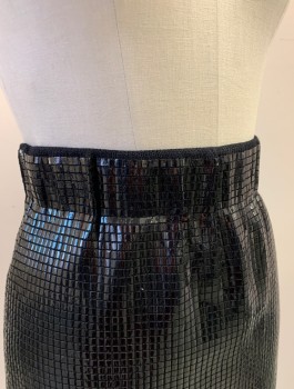 ST.JOHN, Black, Vinyl, Synthetic, Grid , Shiny Grid of Squares on Knit Base, Pencil Skirt, Elastic Waist, Knee Length