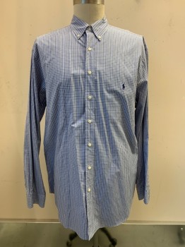 Mens, Casual Shirt, Ralph Lauren, Blue, White, Black, Cotton, Plaid, 36-37, 17.5, L/S, Button Front, Collar Attached, Embroiderred Logo on Chest
