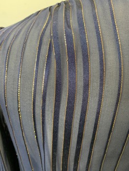 Womens, Blouse, N/L, Navy Blue, Gold, Silk, Stripes, B34, L/S with Button Cuffs, High Band Collar, Pull On, Button Back Placket, Chiffon Satin Lurex Stripe