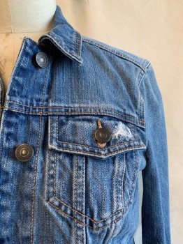 Womens, Jean Jacket, ABERCROMBIE & FITCH, Denim Blue, Cotton, Solid, B: 34, M, C.A., Button Front, 4 Pockets *Aged/Distressed*