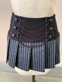 Womens, Skirt, Mini, TRIPP, Black, Gray, Cotton, Spandex, Solid, Stripes, M, 6 Plastic Round Buttons, with 3 Connecting Chains on Yoke Front Skirt with Pleats,  Zipper CB