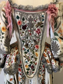 NO LABEL, Beige, Silver, Green, Pink, Orange, Cotton, Floral, L/S, Scoop Neck, Floral and Insect Embroidery, Silver Embroidery Detail, Lave Trim on Cuffs/shoulders/neck Line, Corset Back