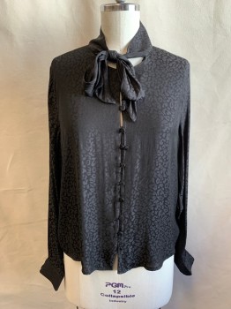 Womens, Blouse, LAUNDRY, Black, Polyester, Abstract , B 40, L, Self Abstract Pebbled Pattern, Fabric Covered Button/Loop Front, Self Tie Collar, Long Sleeves, Button Cuff