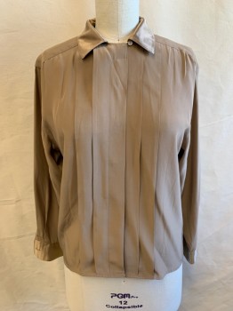 Womens, Blouse, VALERIE STEPHENS , Khaki Brown, Silk, Solid, 10, B, Satin Collar & Cuffs Attached, Pleated Front W/hidden Placket, Long Sleeves,