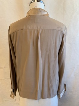 Womens, Blouse, VALERIE STEPHENS , Khaki Brown, Silk, Solid, 10, B, Satin Collar & Cuffs Attached, Pleated Front W/hidden Placket, Long Sleeves,