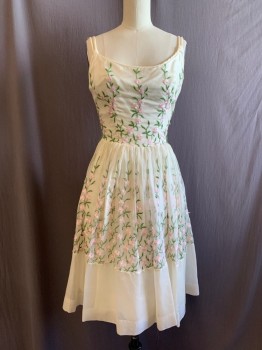 Womens, Dress, MTO, Off White, Green, Baby Pink, Silk, Floral, W22, B32, Double Spaghetti Strap, Scoop Neck, Embroidered Organza, Acetate Lining,  Zip Back, Plain Hem Band