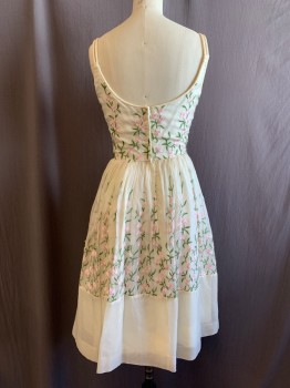 MTO, Off White, Green, Baby Pink, Silk, Floral, Double Spaghetti Strap, Scoop Neck, Embroidered Organza, Acetate Lining,  Zip Back, Plain Hem Band