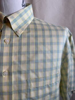Mens, Casual Shirt, GOLD LABEL, Yellow, French Blue, White, Cotton, Plaid, 17, L, Button Down Collar, Button Front, Short Sleeves, 1 Pocket