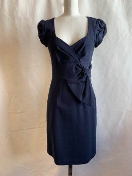 Womens, Dress, Short Sleeve, NANETTE LEPORE, Navy Blue, Modal, Nylon, Solid, 2, Surplice V-neck, Pleated Upwards From Waistband, Cap Pleated and Draped Sleeve, 3" Waistband, Attached Tie Front Tacked Down, Back Zip, Pleated Back Hem Panel