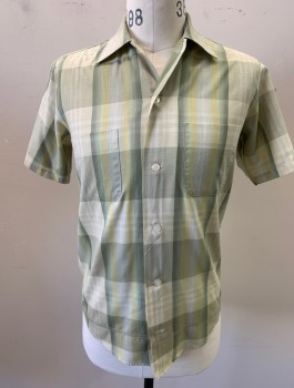 SEARS PERMA PREST, Sage Green, Olive Green, Poly/Cotton, Check , S/S, Button Front, Collar Attached, 2 Patch Pockets