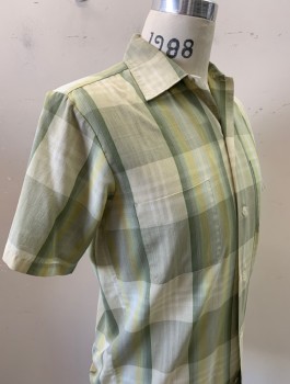 SEARS PERMA PREST, Sage Green, Olive Green, Poly/Cotton, Check , S/S, Button Front, Collar Attached, 2 Patch Pockets