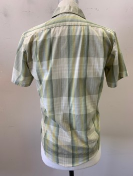 Mens, Casual Shirt, SEARS PERMA PREST, Sage Green, Olive Green, Poly/Cotton, Check , N:14, S, S/S, Button Front, Collar Attached, 2 Patch Pockets