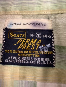 Mens, Casual Shirt, SEARS PERMA PREST, Sage Green, Olive Green, Poly/Cotton, Check , N:14, S, S/S, Button Front, Collar Attached, 2 Patch Pockets