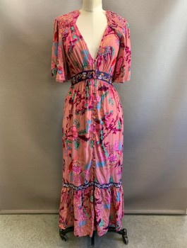 Womens, Dress, Short Sleeve, ANTHROPOLOGIE, Mauve Pink, Magenta Purple, Green, Pink, Viscose, Floral, S, Maxi Dress, Flutter Sleeves, V-Neck, Empire Waist With Navy Embroidered Waistband, Fabric Buttons At CF, Smocked Panels At Shoulders, Open Back