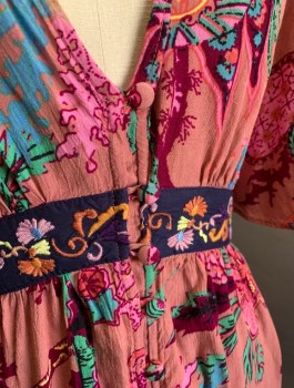 Womens, Dress, Short Sleeve, ANTHROPOLOGIE, Mauve Pink, Magenta Purple, Green, Pink, Viscose, Floral, S, Maxi Dress, Flutter Sleeves, V-Neck, Empire Waist With Navy Embroidered Waistband, Fabric Buttons At CF, Smocked Panels At Shoulders, Open Back