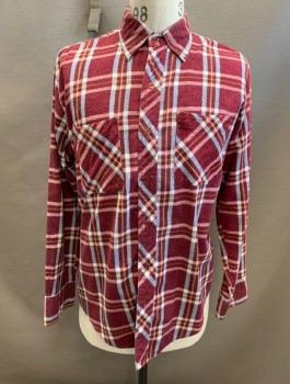 Mens, Shirt, TIMBER RUN, Wine Red, White, Navy Blue, Yellow, Cotton, Plaid, M, Button Front, C.A., 2 Pockets, L/S, Slightly Pilly Flannel