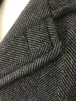 Mens, Coat 1890s-1910s, WINTER TEX, Charcoal Gray, Gray, Wool, Herringbone, 38, Single Breasted, Notched Lapel, 3 Buttons,  2 Pockets, Gray Lining, Has Moth Holes Throughout,