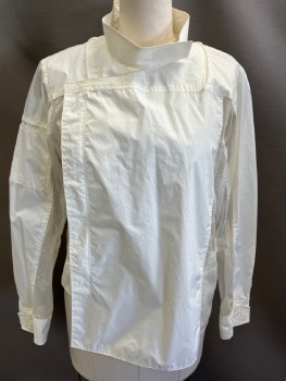 Womens, Sci-Fi/Fantasy Jacket, N/L, Off White, White, Clear, Nylon, Synthetic, Solid, Textured Fabric, L, Stand Collar with Detachable Zip Hood, Off Center Front Zip with Hidden Placket, Yoke/ Front & Back Panel In Solid Nylon with Sheer Honeycomb Print On Front & Back Sides, Pckt On Right Sleeve, Mesh Panels Underarms, Velcro Cuffs, Asymmetrical Hem, 3 Pckts On Front Right Side Wrapping To Back, Hood In Sheer Honeycomb Print, Water Repellant