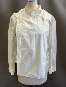 N/L, Off White, White, Clear, Nylon, Synthetic, Solid, Textured Fabric, Stand Collar with Detachable Zip Hood, Off Center Front Zip with Hidden Placket, Yoke/ Front & Back Panel In Solid Nylon with Sheer Honeycomb Print On Front & Back Sides, Pckt On Right Sleeve, Mesh Panels Underarms, Velcro Cuffs, Asymmetrical Hem, 3 Pckts On Front Right Side Wrapping To Back, Hood In Sheer Honeycomb Print, Water Repellant
