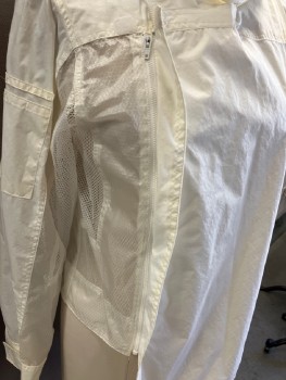 Womens, Sci-Fi/Fantasy Jacket, N/L, Off White, White, Clear, Nylon, Synthetic, Solid, Textured Fabric, L, Stand Collar with Detachable Zip Hood, Off Center Front Zip with Hidden Placket, Yoke/ Front & Back Panel In Solid Nylon with Sheer Honeycomb Print On Front & Back Sides, Pckt On Right Sleeve, Mesh Panels Underarms, Velcro Cuffs, Asymmetrical Hem, 3 Pckts On Front Right Side Wrapping To Back, Hood In Sheer Honeycomb Print, Water Repellant