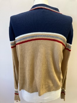 Mens, Sweater, MONTGOMERY WARD, 42-44, L, Navy Yoke with Tan Body & White Red & Heathered Gray H-stripe Across Chest & Trim On Collar, Acrylic, Rib Knit, 1 Btn V-N, L/S, Pullover