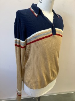 MONTGOMERY WARD, Navy Yoke with Tan Body & White Red & Heathered Gray H-stripe Across Chest & Trim On Collar, Acrylic, Rib Knit, 1 Btn V-N, L/S, Pullover