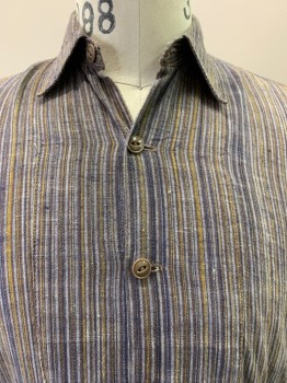 Mens, Historical Fiction Shirt, MTO, Brown, Lt Gray, Navy Blue, Goldenrod Yellow, Cotton, Stripes - Vertical , 13/33, Pull On, C.A., 1/2 Button Front, L/S, Extra Long Back Hem