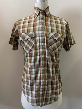 Mens, Casual Shirt, YOUNG BLOODS, Caramel Brown, Off White, Green, Lt Blue, Black, Polyester, Cotton, Plaid, C38, N14, S/S, Button Front, Collar Attached, Chest Pockets