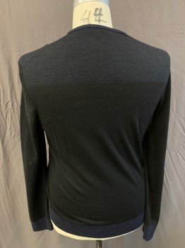 Mens, Pullover Sweater, THEORY, Black, Wool, Solid, 44, XL, L/S, V-N/Rib Knit Cuffs & Waistband Are Midnight Blue