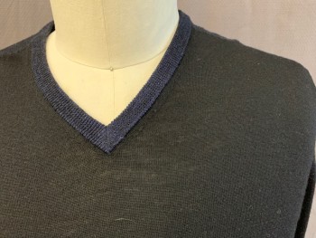 Mens, Pullover Sweater, THEORY, Black, Wool, Solid, 44, XL, L/S, V-N/Rib Knit Cuffs & Waistband Are Midnight Blue
