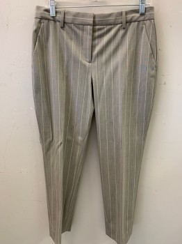 Womens, Suit, Pants, THEORY, Mushroom-Gray, Wool, Cupro, Stripes - Pin, 6, Flat Front, Belt Loops, 4 Pockets,2 are Welt