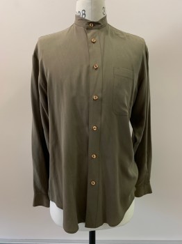 RICK PALLACK, Putty/Khaki Gray, Silk, Solid, L/S, Button Front, Collar Band, Chest Pocket,