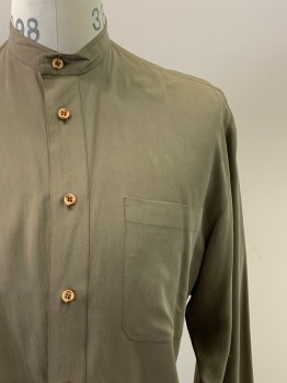 RICK PALLACK, Putty/Khaki Gray, Silk, Solid, L/S, Button Front, Collar Band, Chest Pocket,