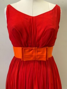 Womens, Evening Gown, Pixie, Red, Orange, Polyester, Solid, W26, B36, Sleeveless, Scoop Neck, Orange Waistband with Bow, Pleated Skirt, Back Zipper,
