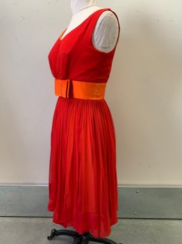 Womens, Evening Gown, Pixie, Red, Orange, Polyester, Solid, W26, B36, Sleeveless, Scoop Neck, Orange Waistband with Bow, Pleated Skirt, Back Zipper,