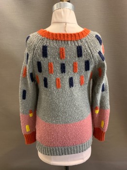 Childrens, Sweater, STELLA MCCARTNEY, Gray, Clay Orange, Multi-color, Wool, Polyamide, Rectangles, 8, CN, Orange, Yellow, And Navy Rectangles, Light Pink And Yellow Striped Hem,