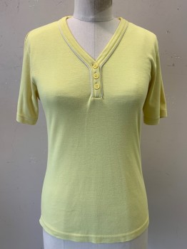 Cindy Jordan, Yellow, Cotton, Solid, S/S, V Neck, 3 Buttons,